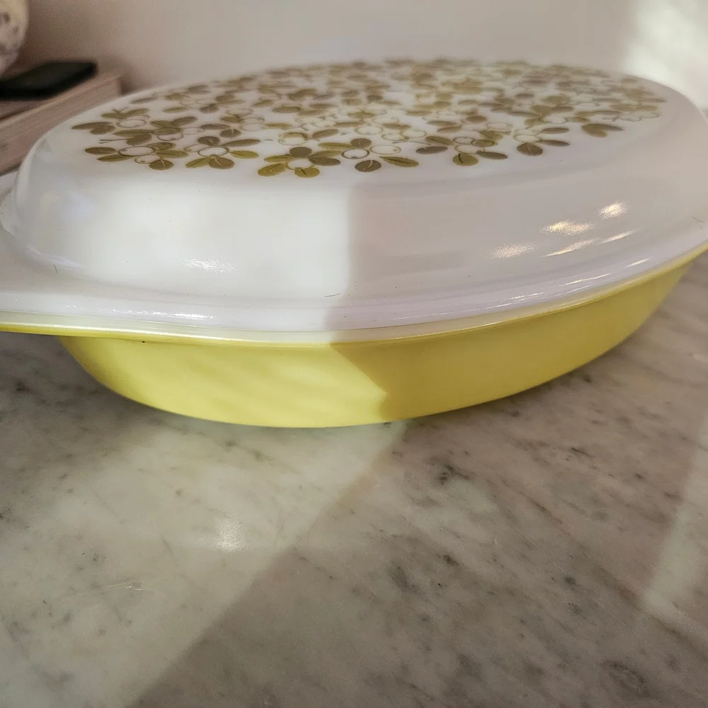 Pyrex White Yellow Olive Green Casserole Dish with Floral Design